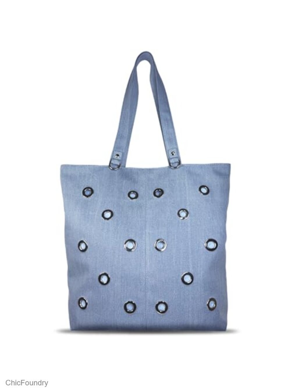 Large Denim Tote Bag with Polka Dot Studs and Magnetic Snap Closure